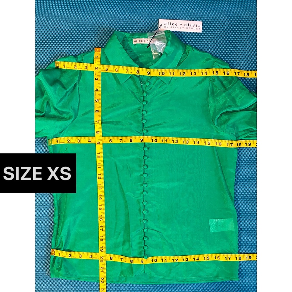 Alice + Olivia Joey Emerald Green Button Front Silk Blend Smocked Blouse - Picture 9 of 15